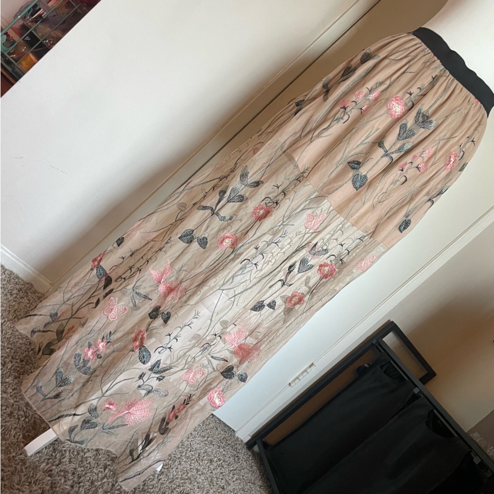 Floral Embroidered Layered Maxi Skirt Beige and pink